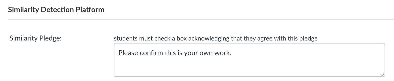 Canvas administrator settings page showing the Similarity Pledge field under the Similarity Detection Platform heading