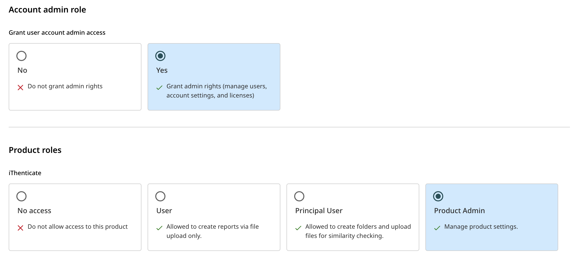 Screenshot showing user role selection with Account admin role set to Yes and Product roles set to Product Admin